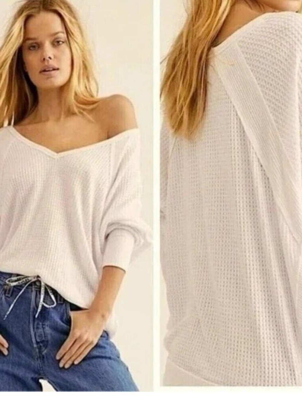 Free People White V-Neck Thermal Knit Sweater
